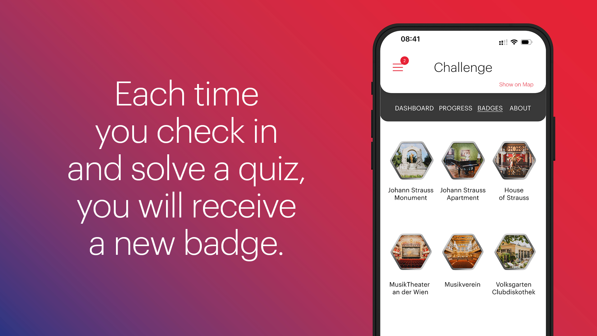 Sujet mit Text: Each time you check in and solve a quiz you will receive a new badge