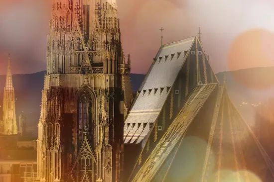 Stylized image of St. Stephen’s Cathedral in Vienna, showing its roof and tower details.