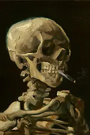 Painting by Vicent van Gogh, Skull of a Skeleton with burning Cigarette, 1886
