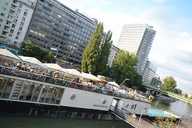 Bathing ship, restaurant, swimming pool, exterior view with guests