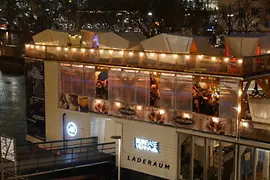 Pool boat decorated for Christmas