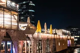 Pool boat decorated for Christmas
