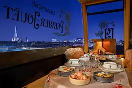 Gondolas on the roof of a hotel