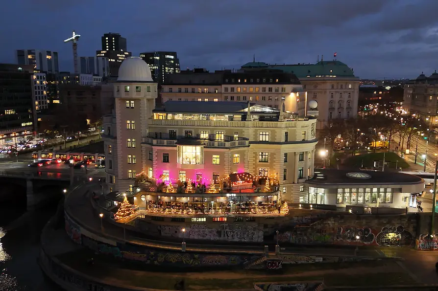 Terrace decorated for Christmas with a view of the Danube Canal