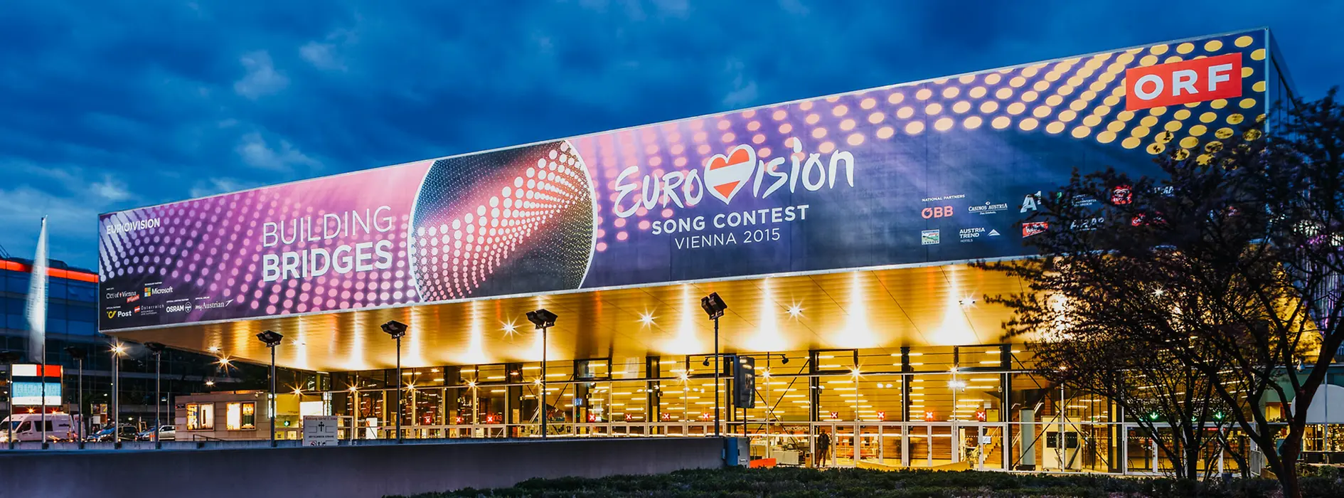 The Vienna Stadthalle during the Eurovision Song Contest 2015, viewed from the outside